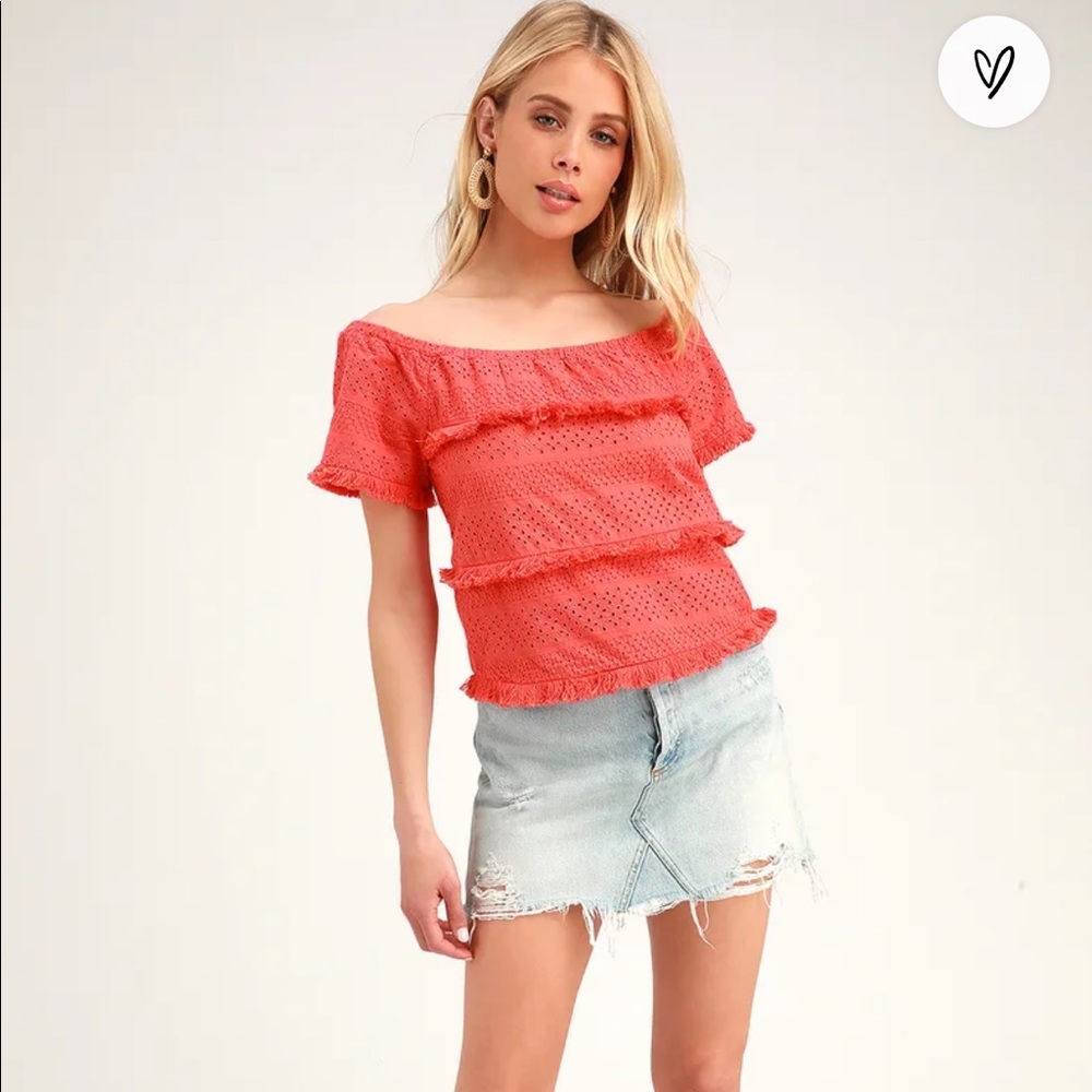 Lulus Julia Coral Eyelet Off-the-shoulder Top